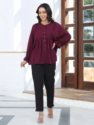 A Maroon Self Weave Rayon Lurex Gathered Top With Elasticated Gathered Sleeves With Black Pants