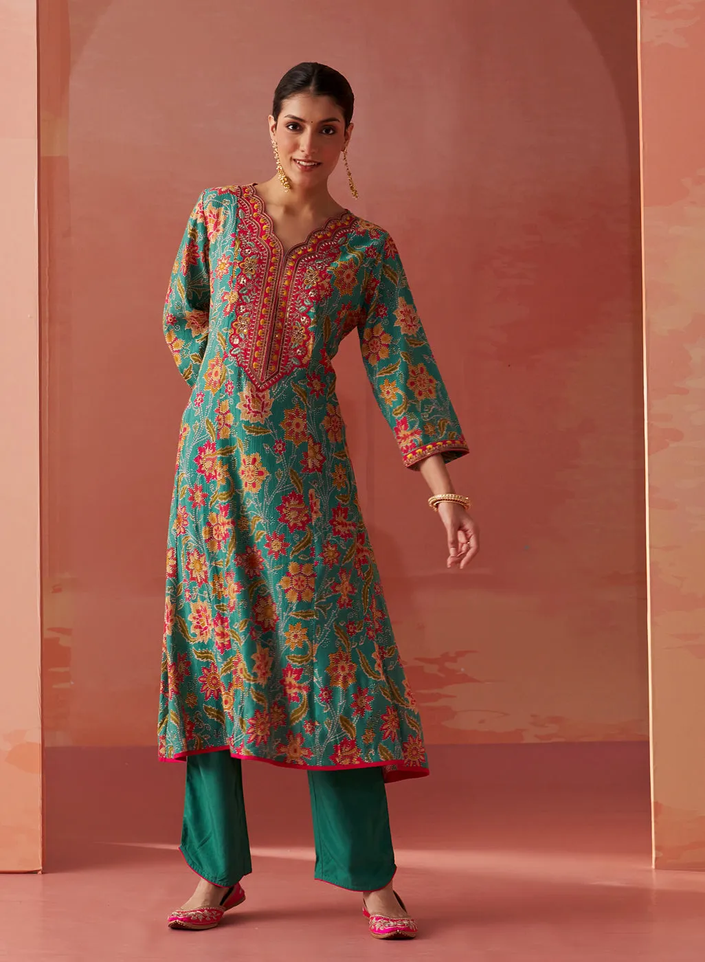 Alisha Sea Green Printed Cotton Kurta Set