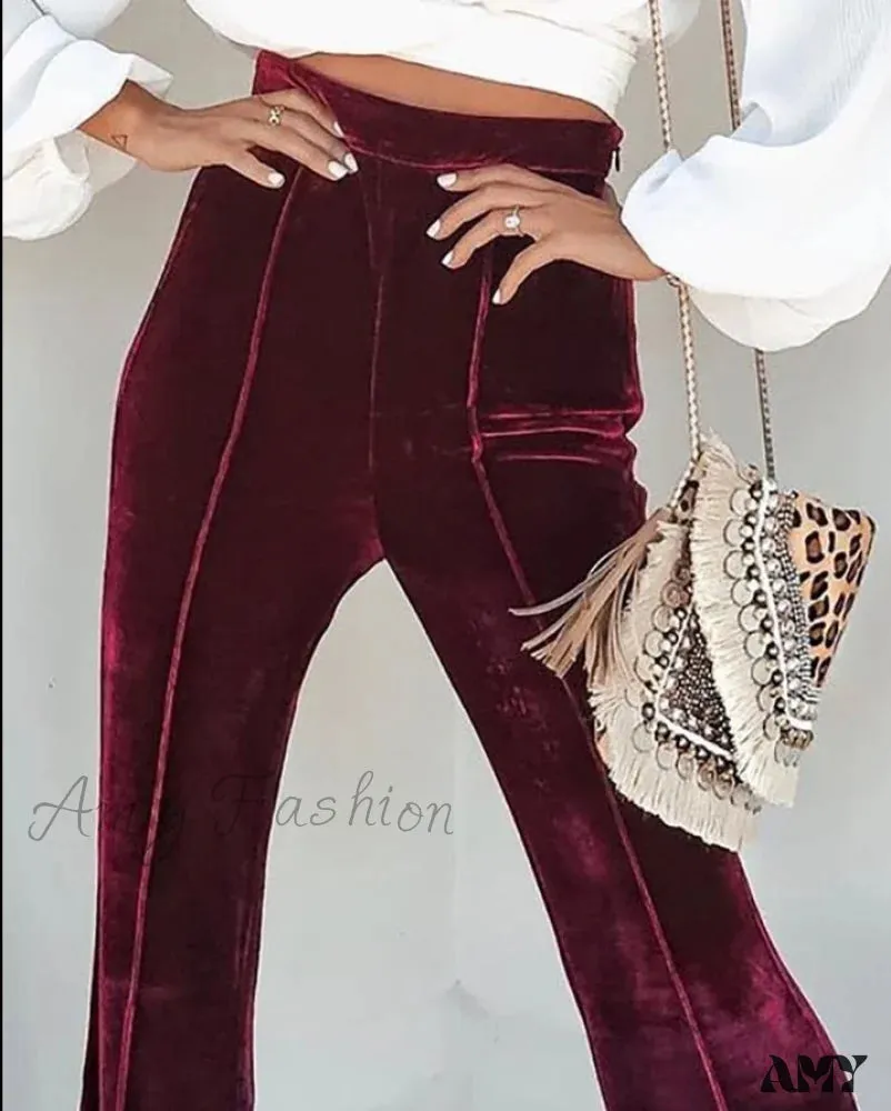 Amy Fashion - Casual Velvet High Waist Flared Pants