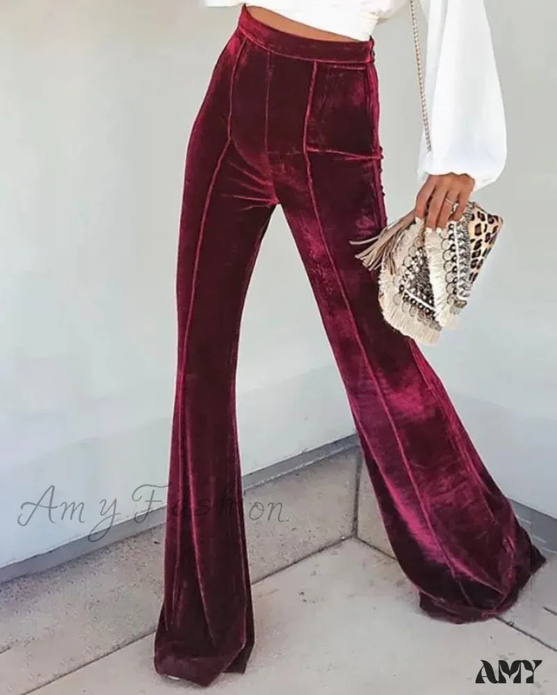 Amy Fashion - Casual Velvet High Waist Flared Pants