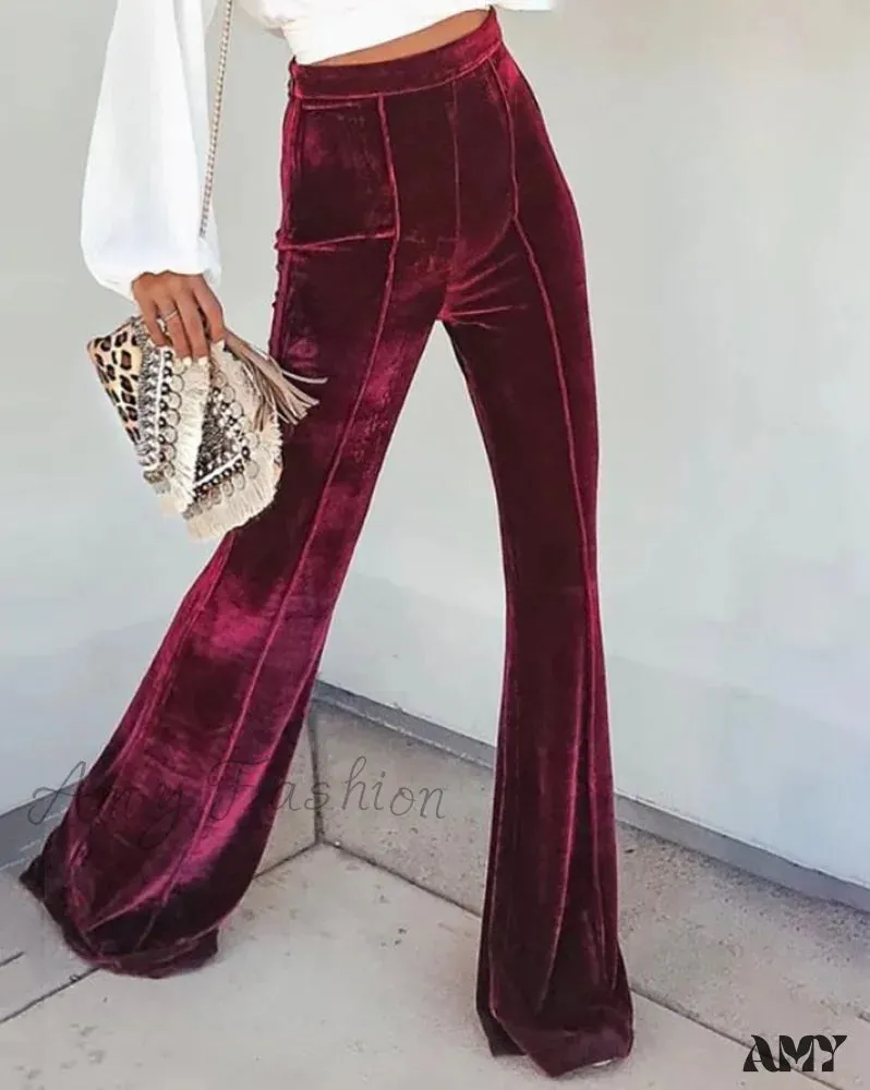 Amy Fashion - Casual Velvet High Waist Flared Pants