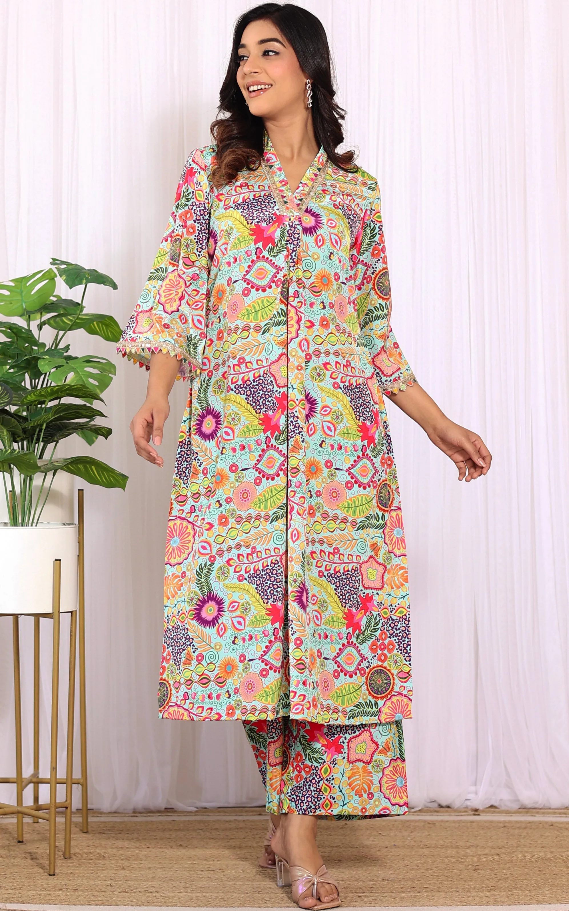 Aqua Kitschy Printed Crepe Kurta Co-ord Set