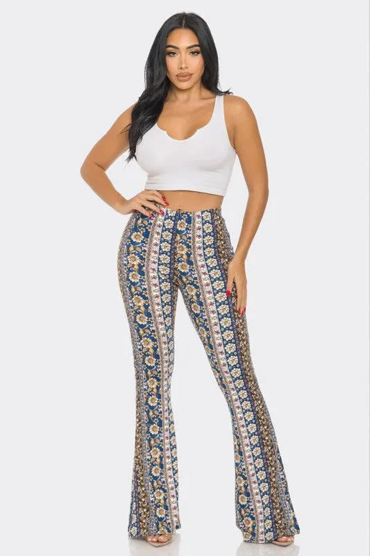 Bear Dance Floral Scroll Skinny Brushed Pants - Multi Blue Brown