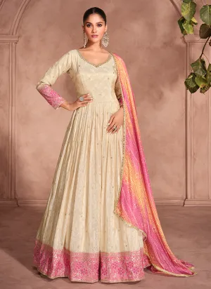 Beige And Pink Traditional Embroidery Anarkali Suit