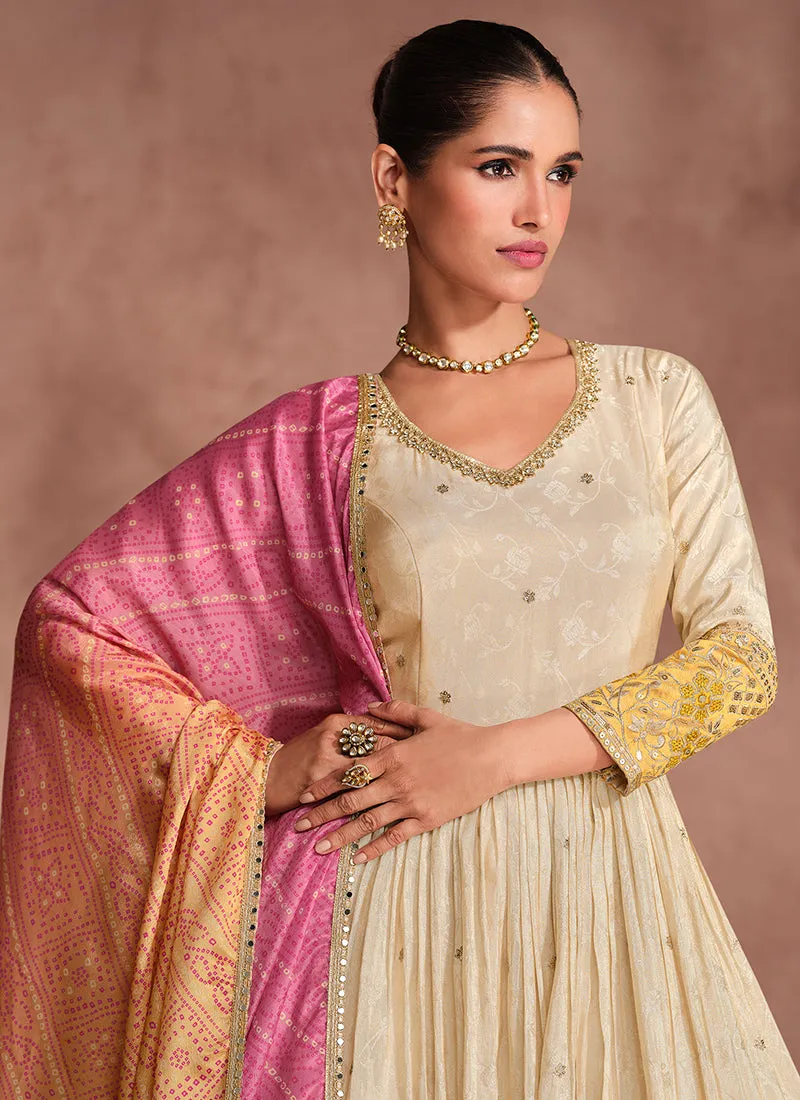 Beige And Yellow Traditional Embroidery Anarkali Suit