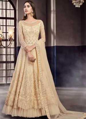 Beige Golden Embroidered Anarkali Gown Suit