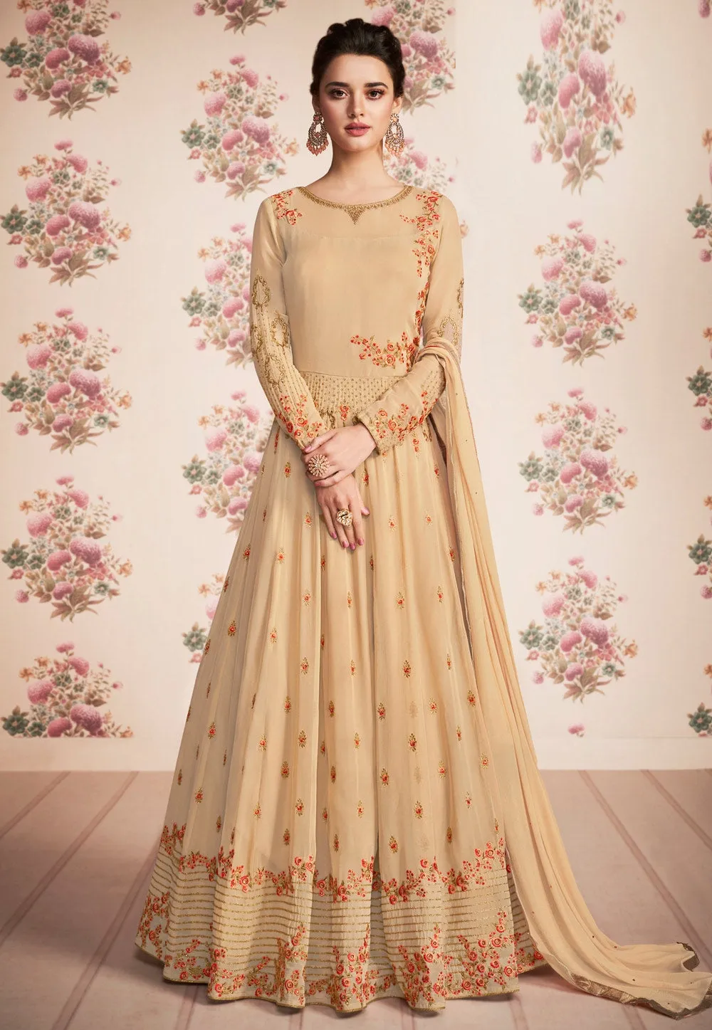 Beige Multicoloured Embroidered Anarkali Suit