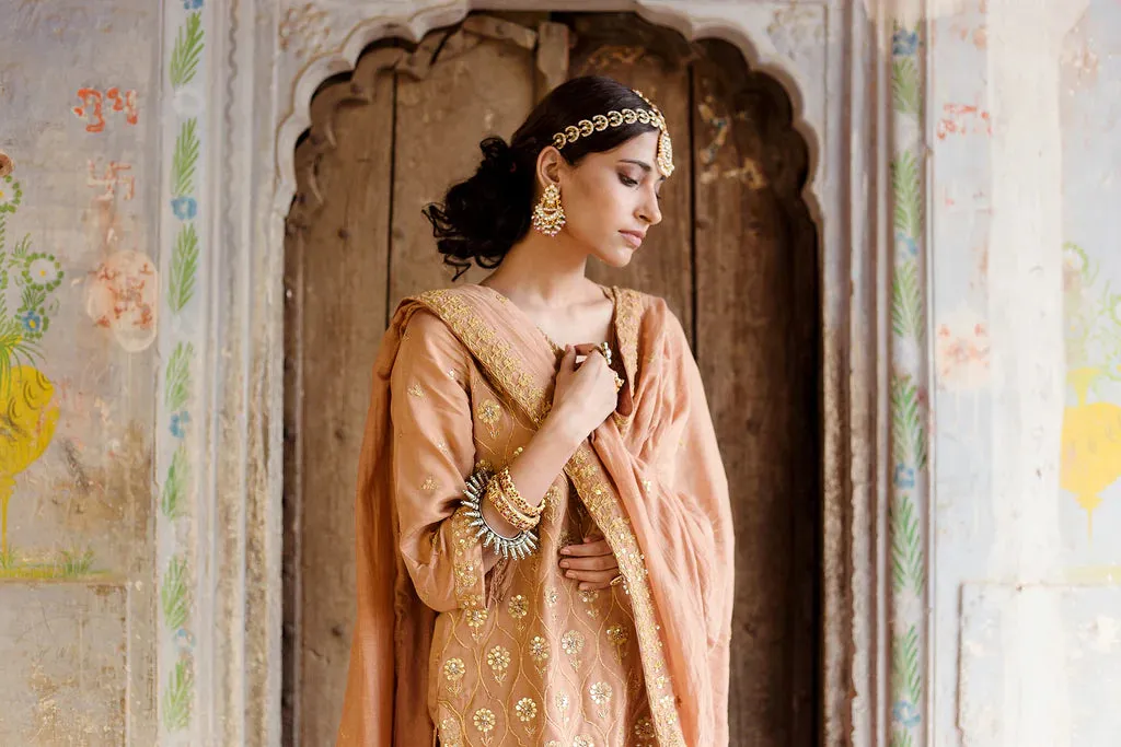 Beige Muslin Gota & Taari Detailing Suit Set with Soft Cotton Dupatta