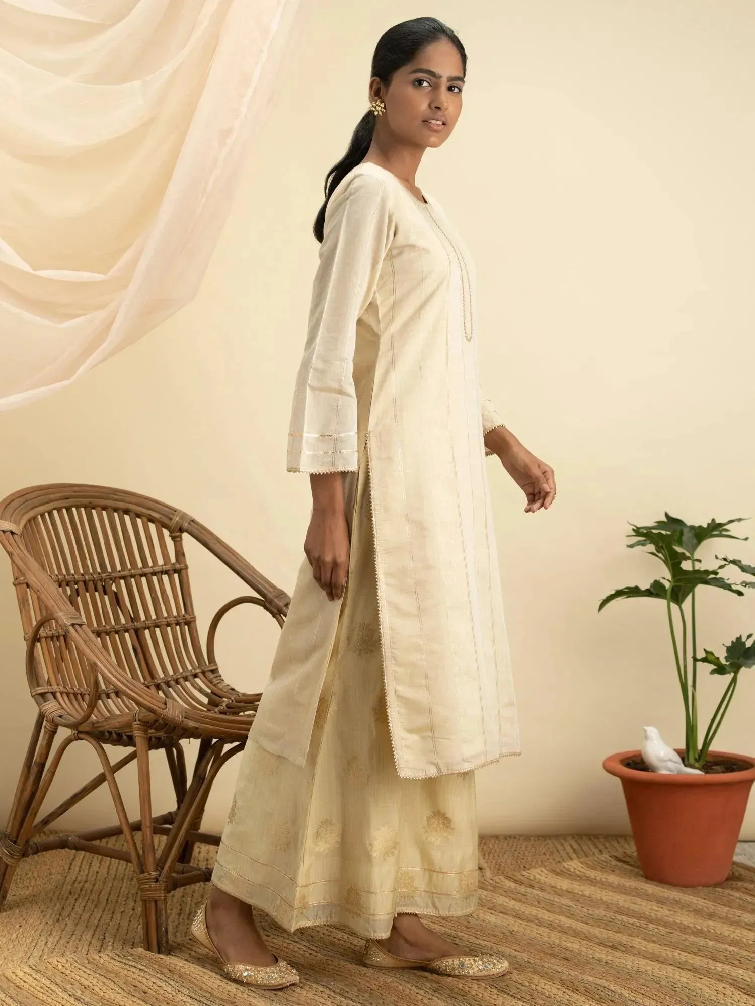 Beige Self Design Chanderi Silk Straight Kurta With Palazzos