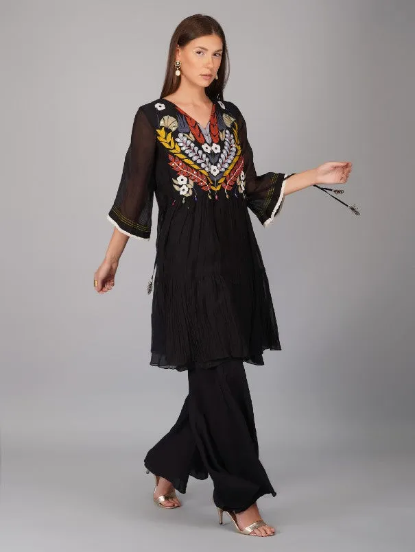 Black Applique Yoke Chanderi Tiered Tunic Set (Set of 3)