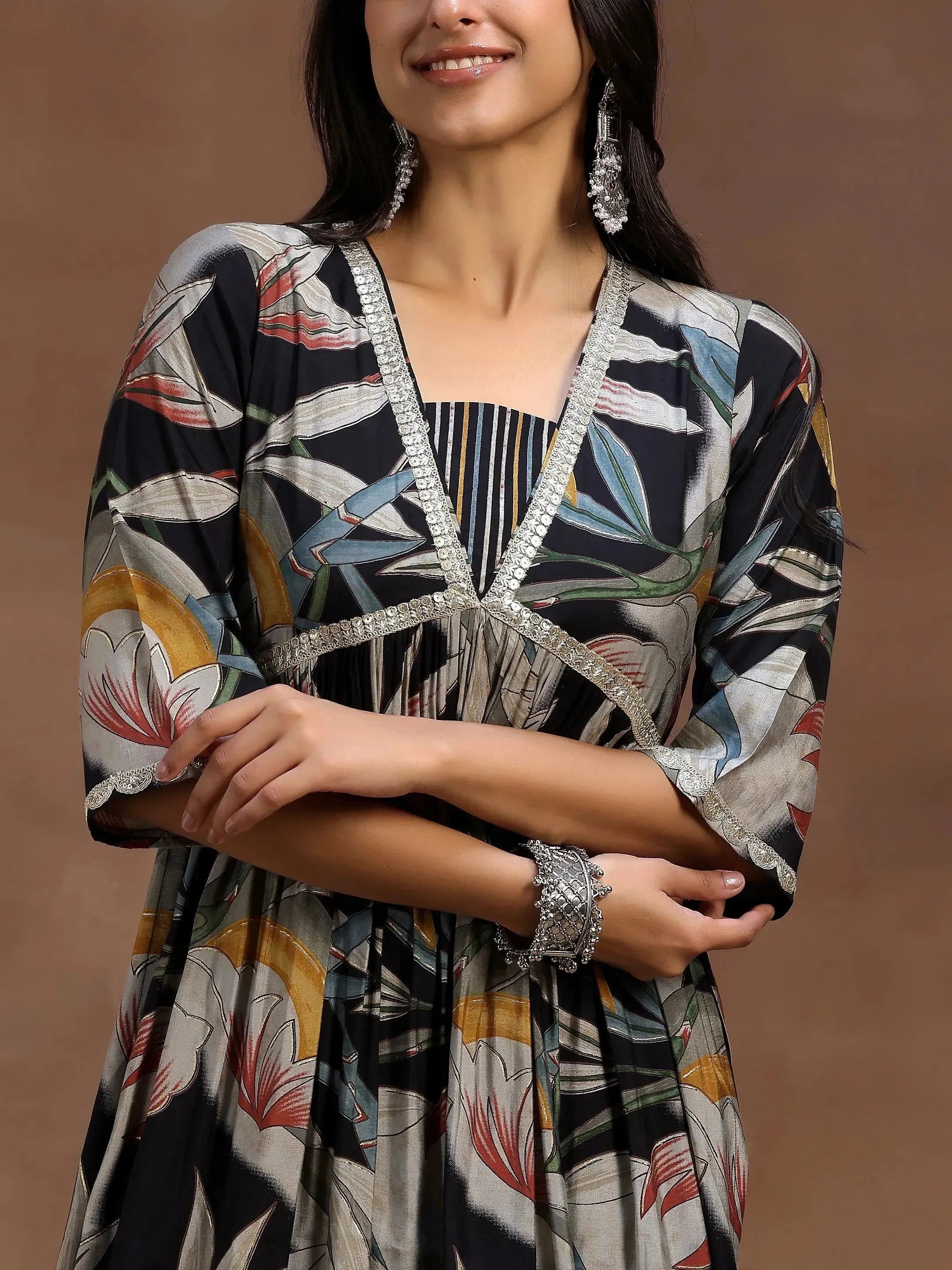 Black Printed Silk Blend A-Line Kurta With Salwar & Dupatta