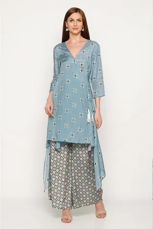 Blue Embroidered High-Low Kurta Set (Set of 2)