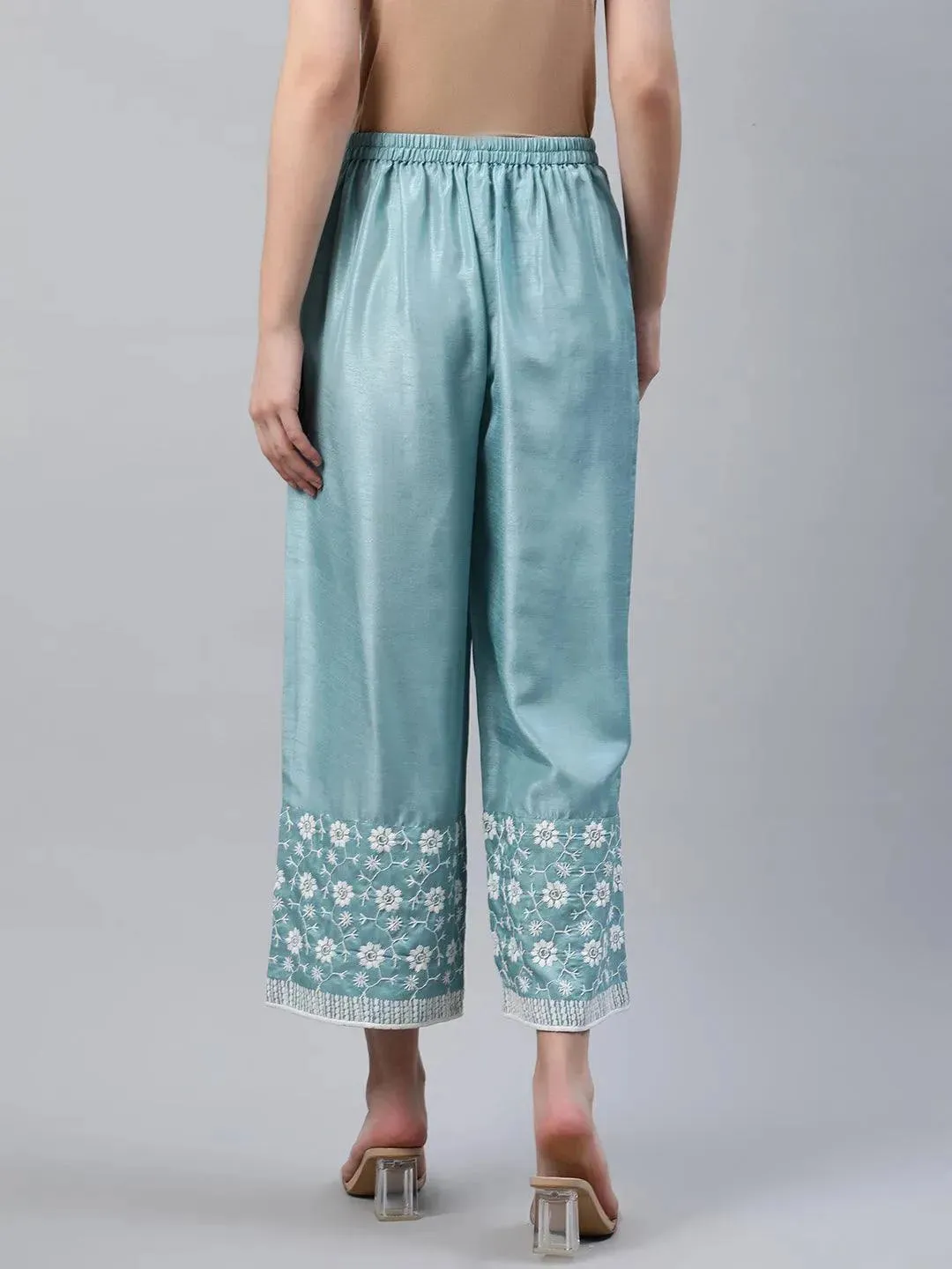 Blue Embroidered Silk Palazzos