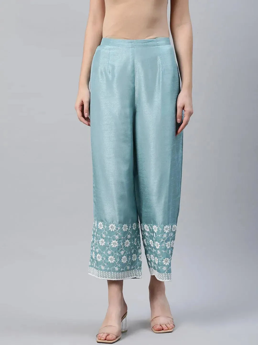 Blue Embroidered Silk Palazzos