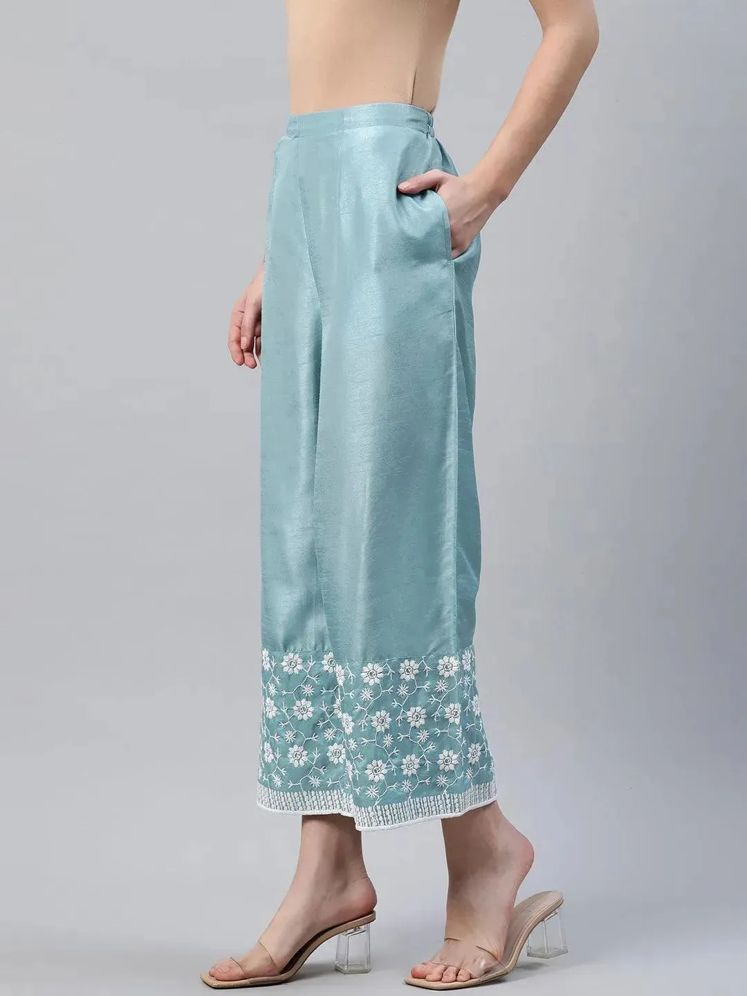 Blue Embroidered Silk Palazzos