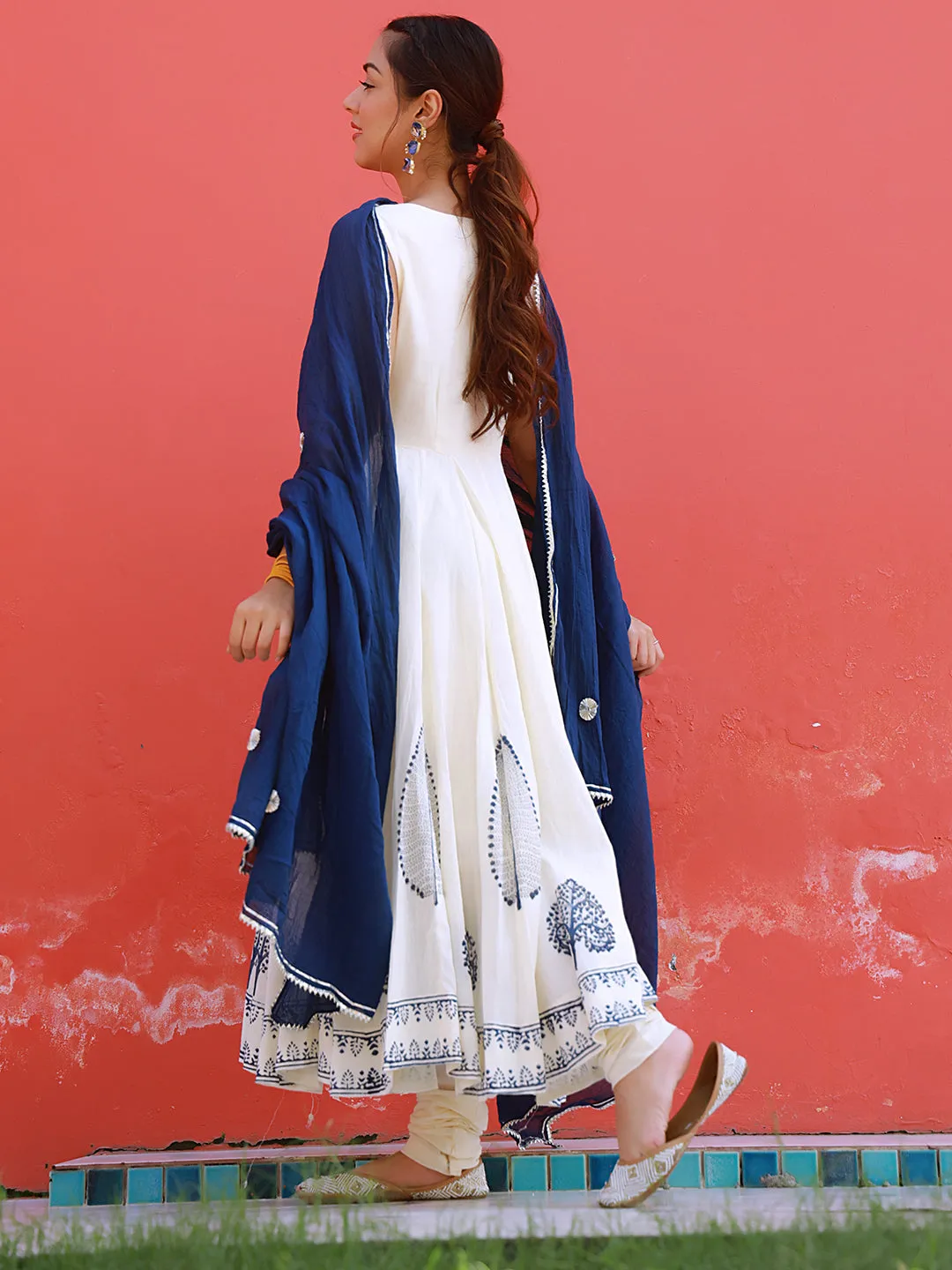 Blue Hand Block Print Cotton Anarkali Suit Set with Gota work Dupatta