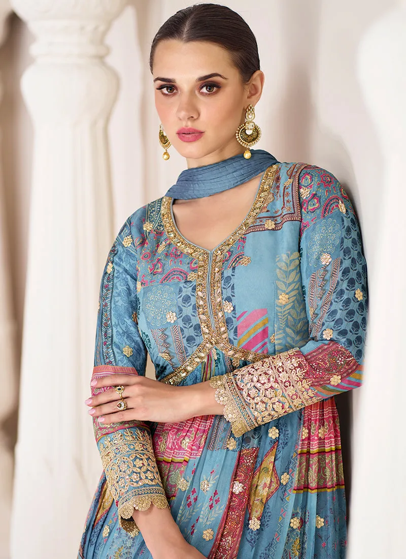 Blue Organza Silk Embroidery Printed Anarkali Suit