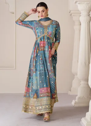 Blue Organza Silk Embroidery Printed Anarkali Suit