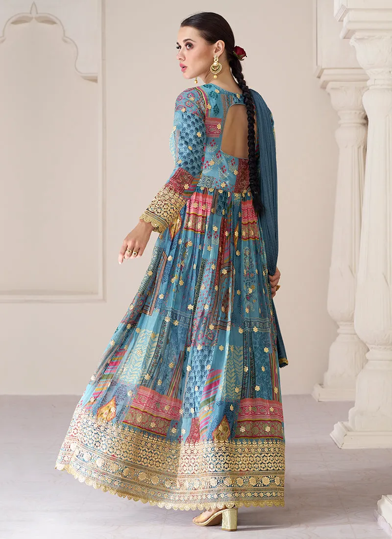 Blue Organza Silk Embroidery Printed Anarkali Suit