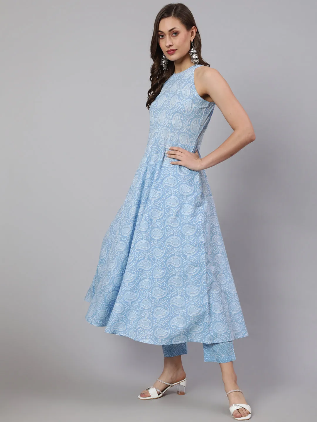 Blue Printed Halter Neck Kurta With Printed Pants And  Dupatta