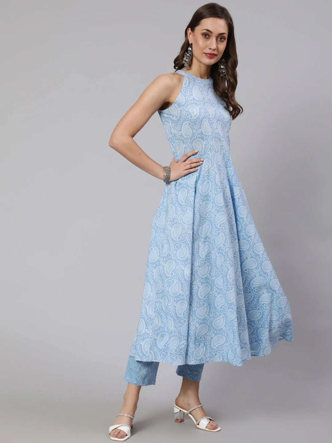 Blue Printed Halter Neck Kurta With Printed Pants And  Dupatta