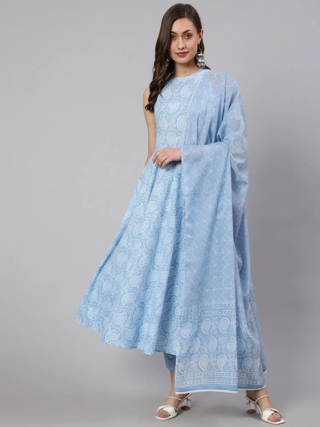 Blue Printed Halter Neck Kurta With Printed Pants And  Dupatta