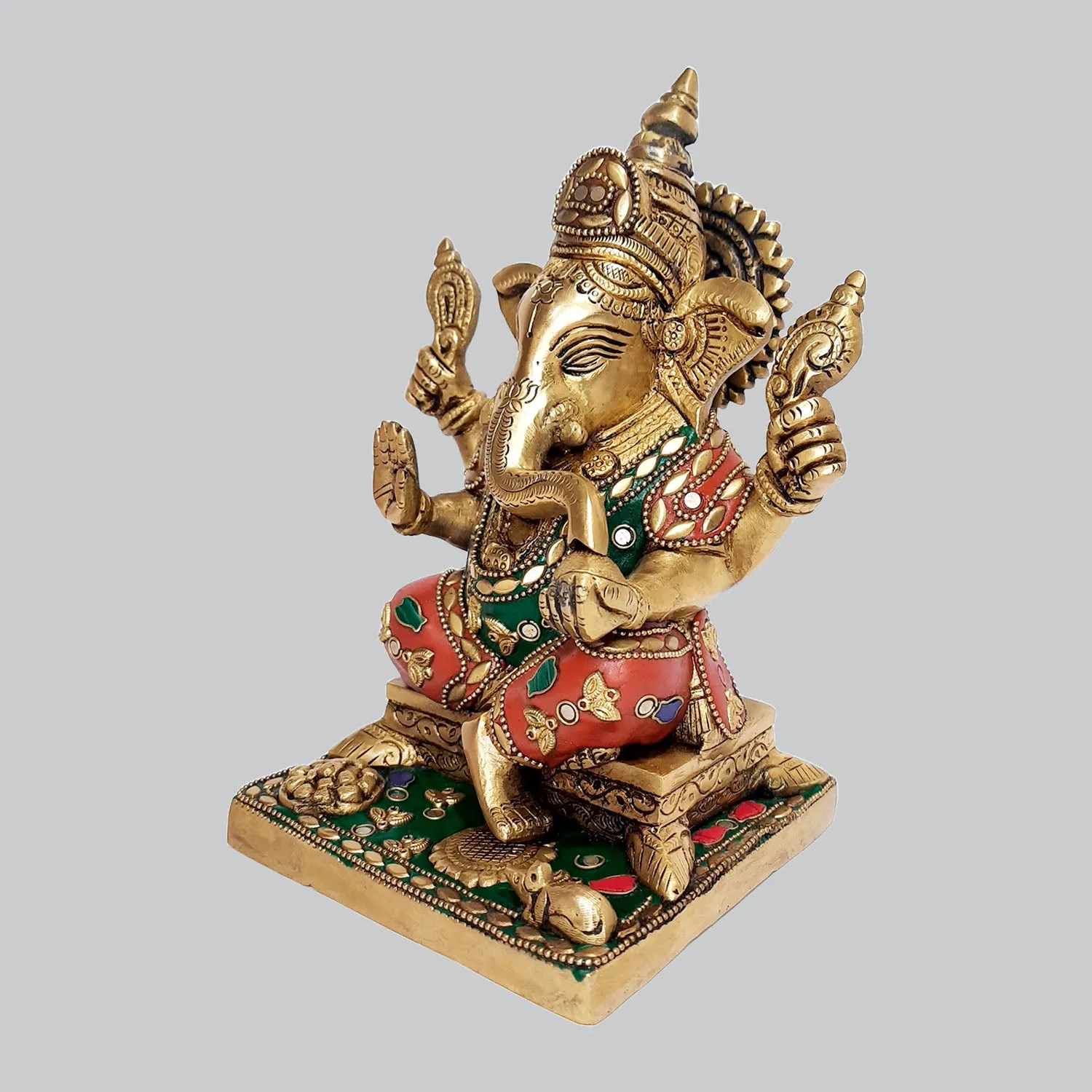 Brass Ganesha on Base with Stonework 8.5 in