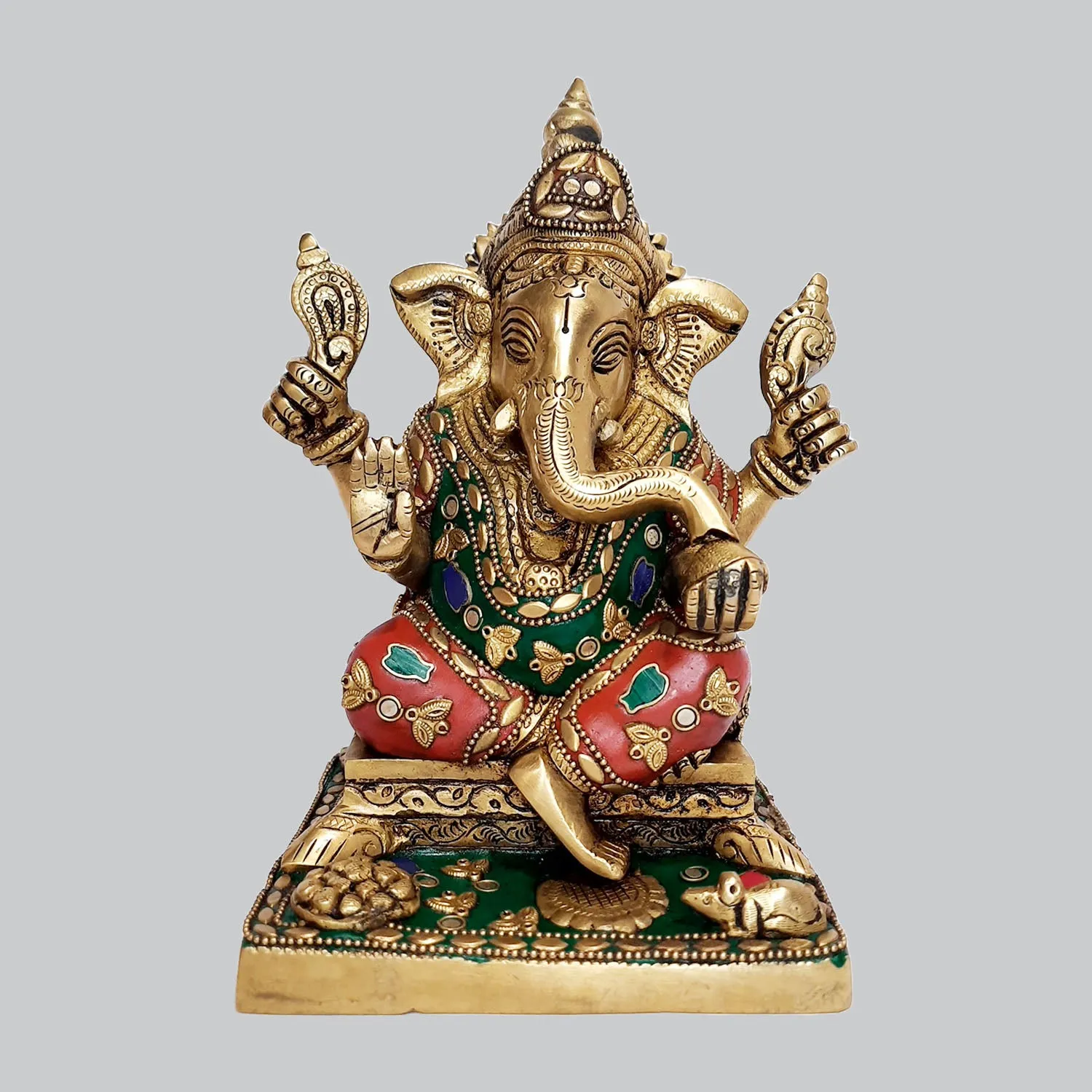 Brass Ganesha on Base with Stonework 8.5 in