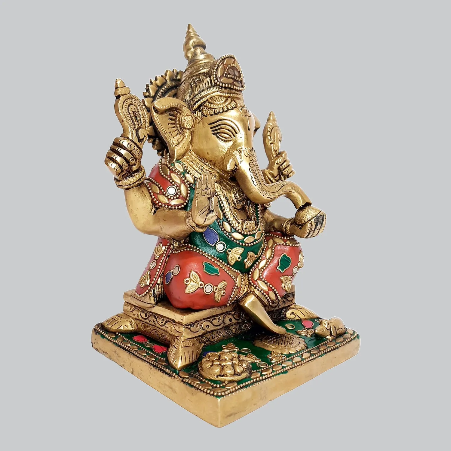 Brass Ganesha on Base with Stonework 8.5 in