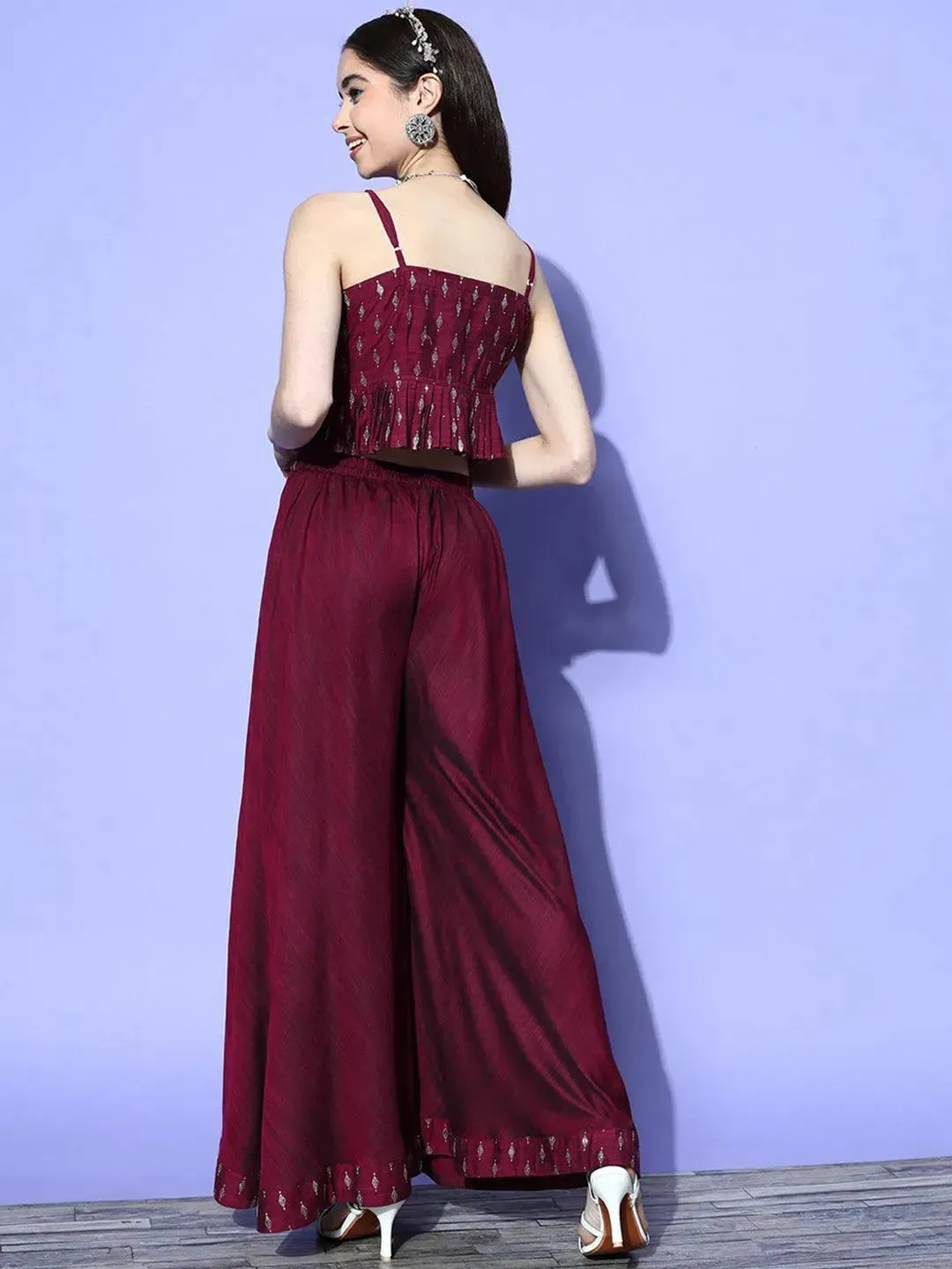 Burgundy Self Design Silk Blend Top With Palazzos