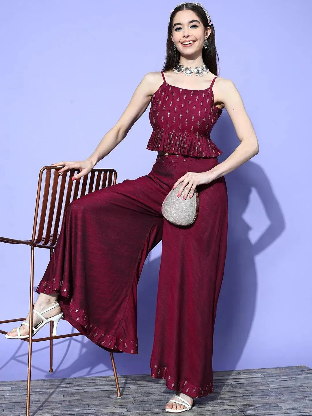 Burgundy Self Design Silk Blend Top With Palazzos