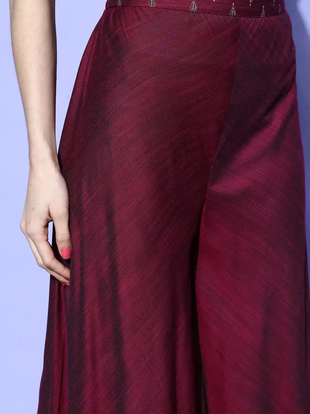 Burgundy Self Design Silk Blend Top With Palazzos