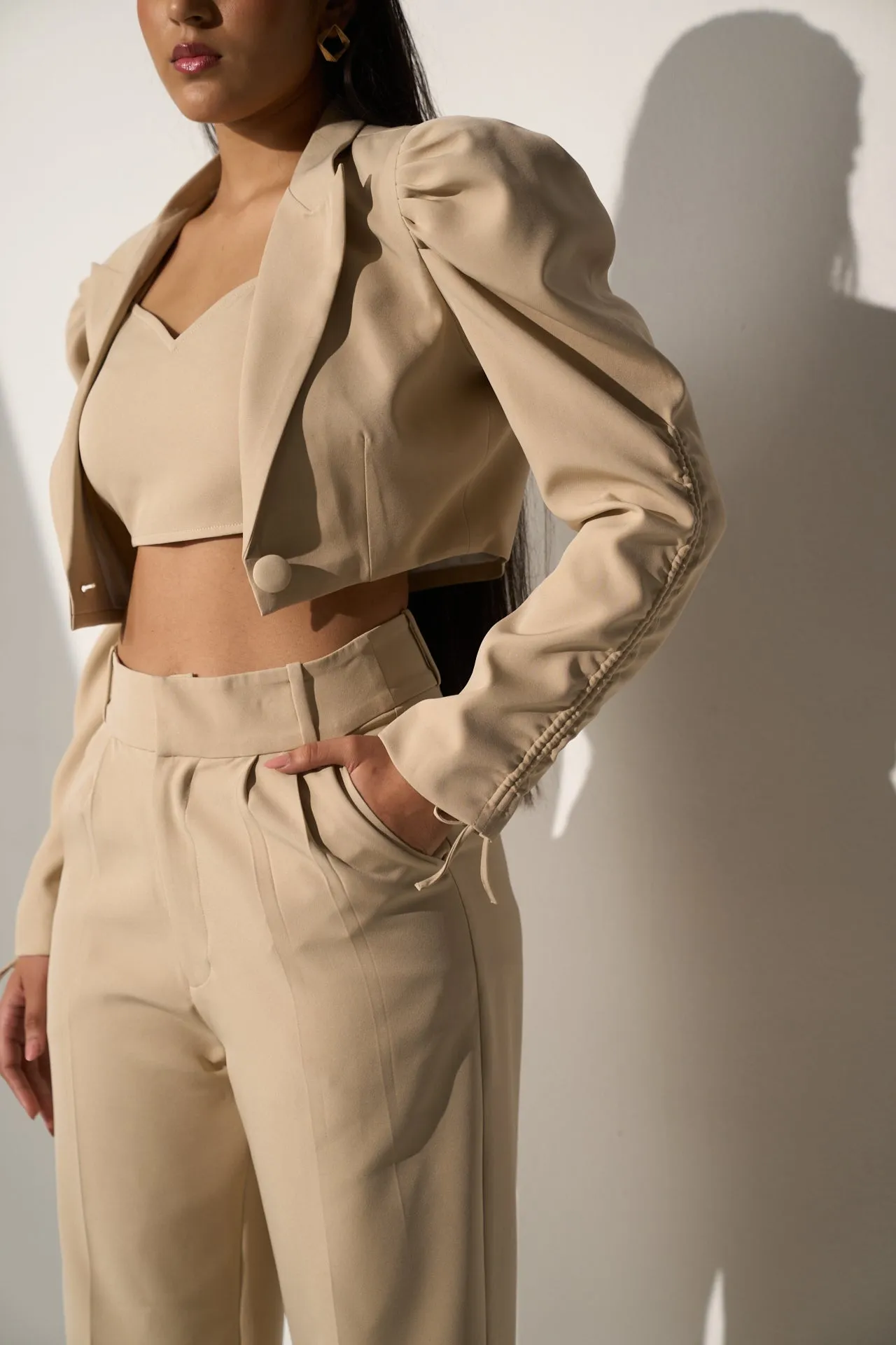 Classic Women's Beige short Blazer with Straight pants