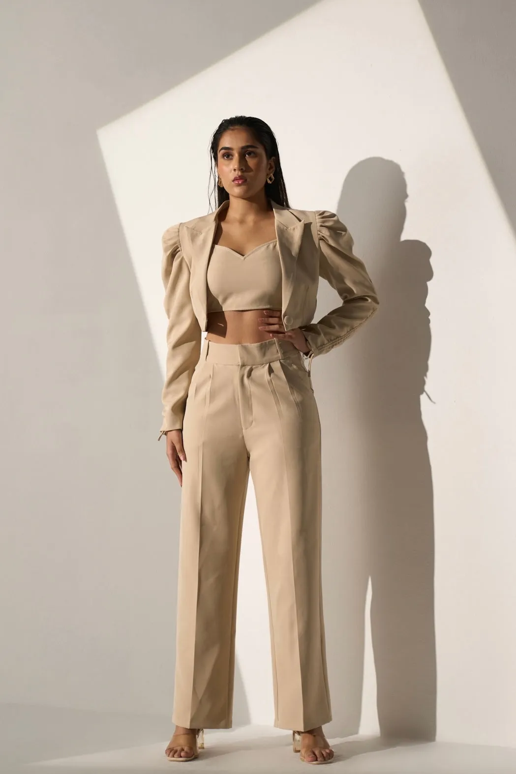 Classic Women's Beige short Blazer with Straight pants