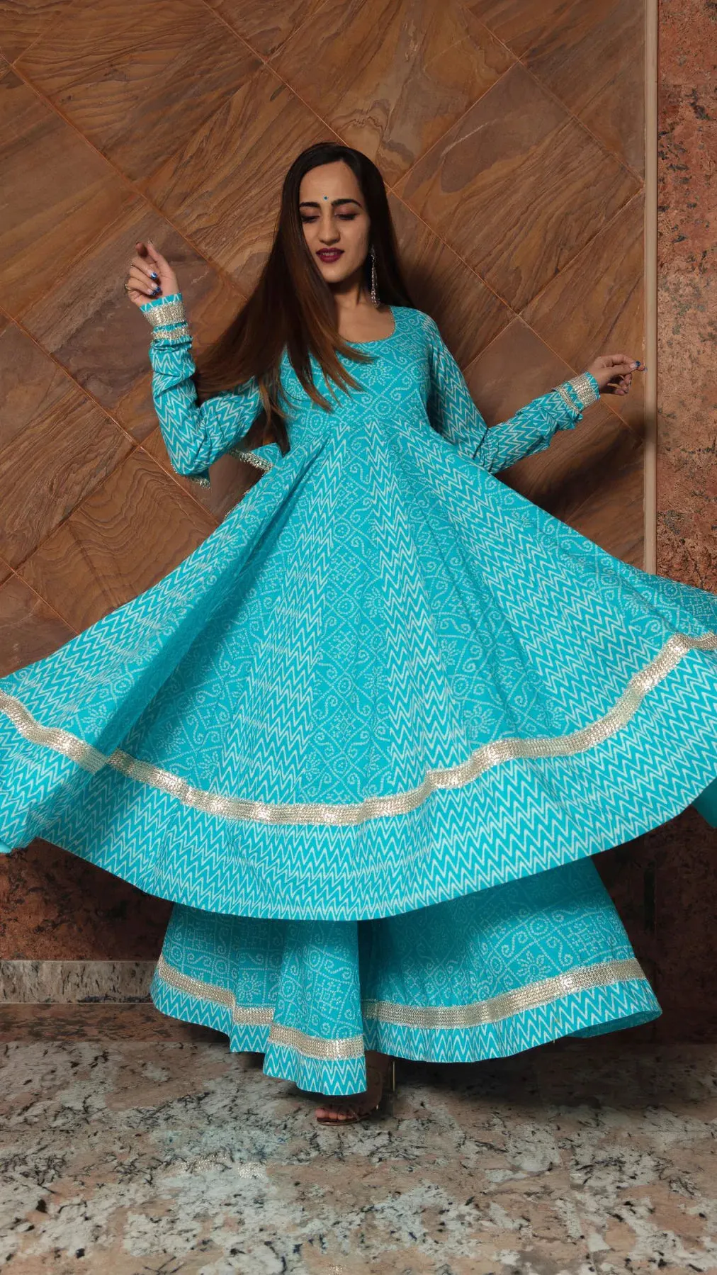 Cotton Blue Printed Anarkali Set with Dupatta