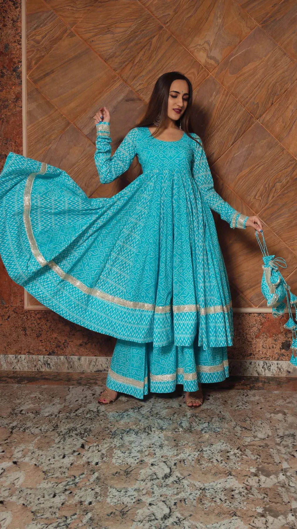 Cotton Blue Printed Anarkali Set with Dupatta