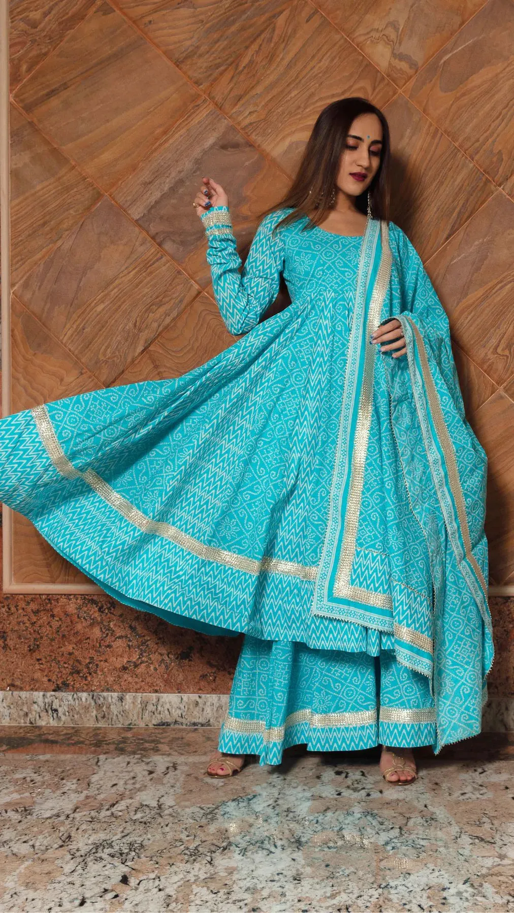 Cotton Blue Printed Anarkali Set with Dupatta