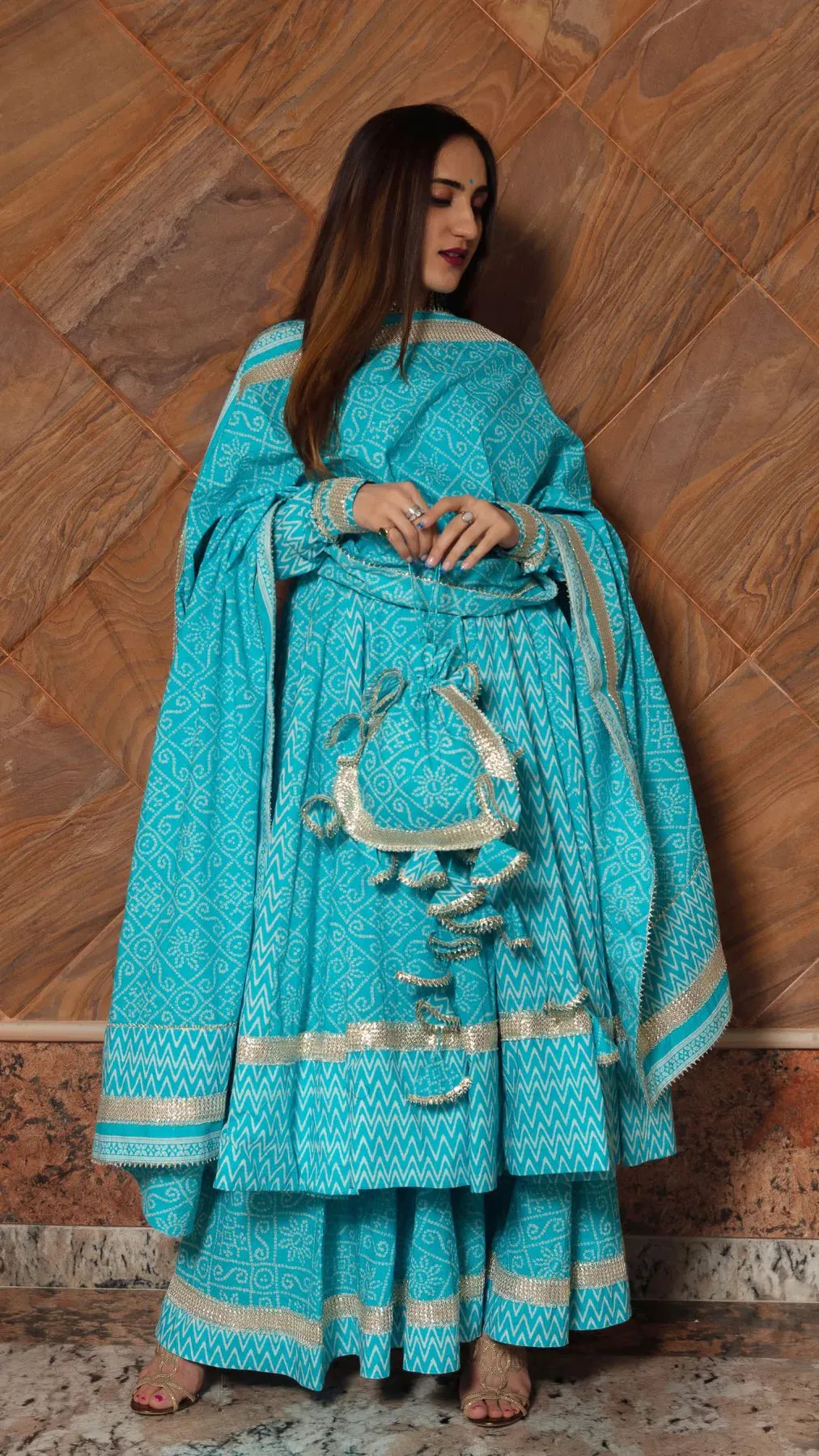 Cotton Blue Printed Anarkali Set with Dupatta