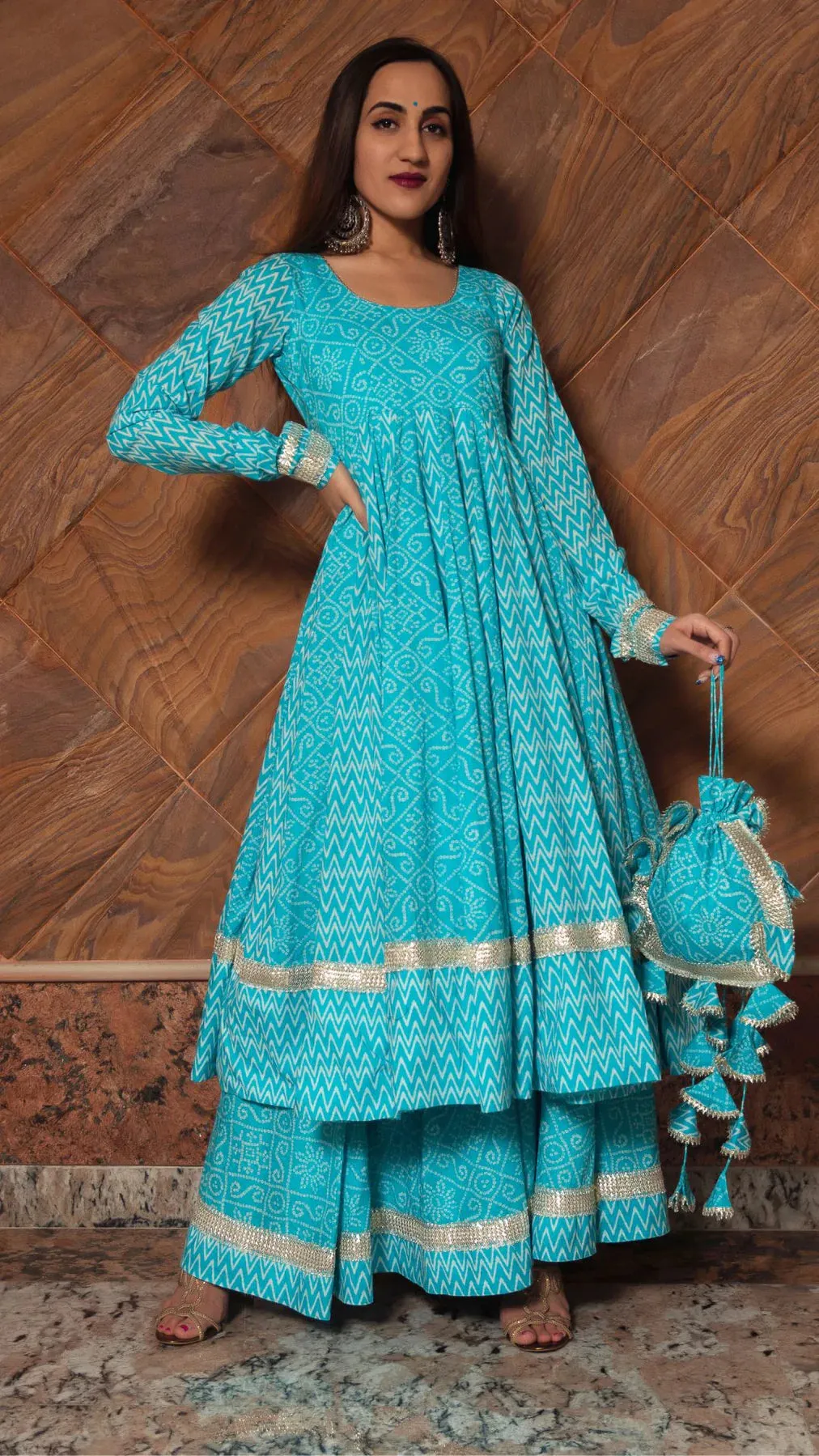 Cotton Blue Printed Anarkali Set with Dupatta