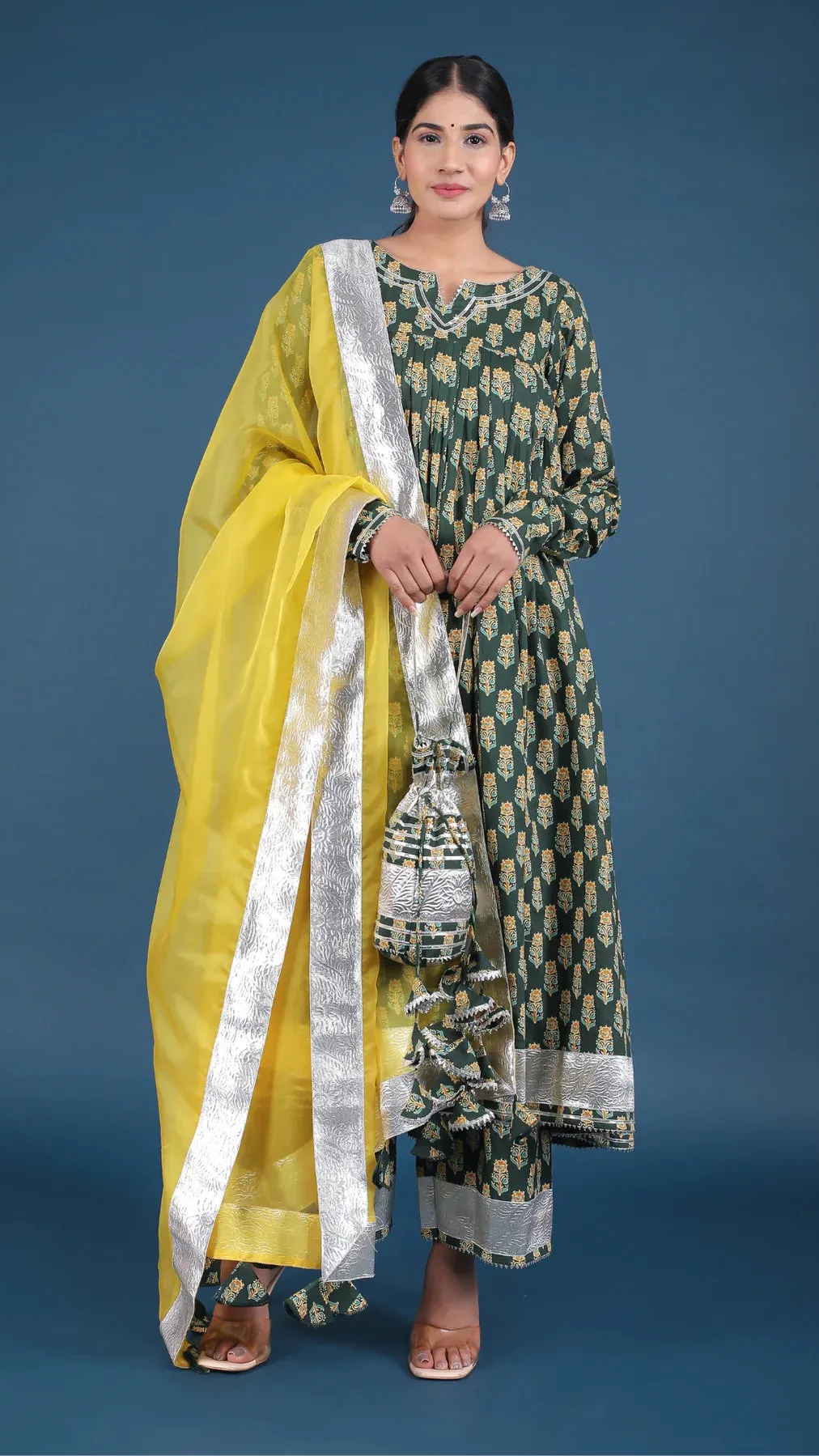 Cotton Green Heavy Lace Detailing & Printed Anarkali Suit Set with Yellow Organza Dupatta