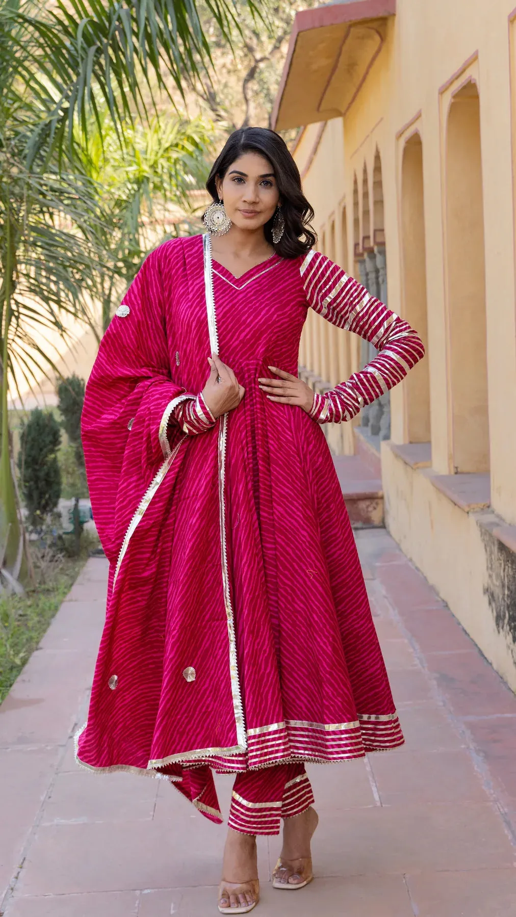 Cotton Pink Leheriya Print Anarkali Set with Dupatta