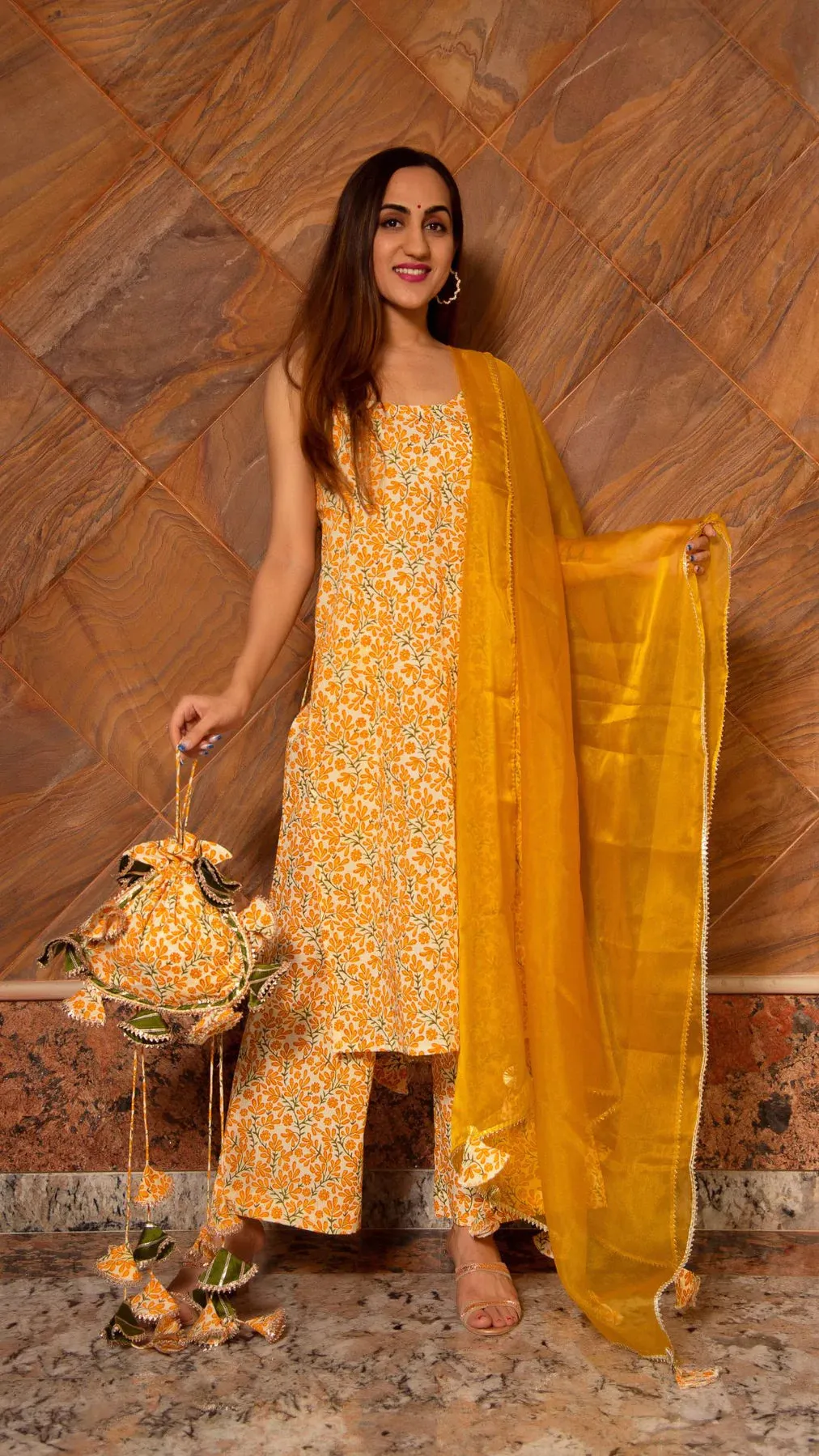 Cotton Yellow Printed Straight Cut Suit Set with Organza Dupatta