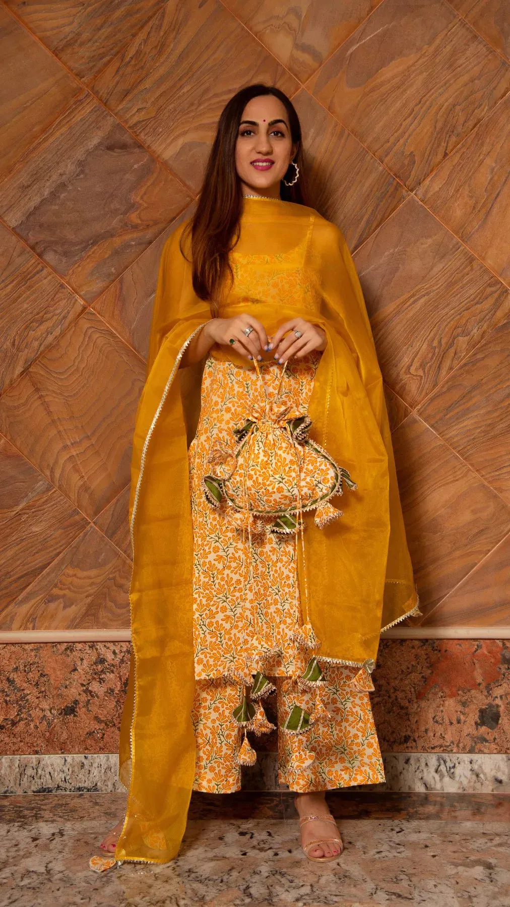 Cotton Yellow Printed Straight Cut Suit Set with Organza Dupatta