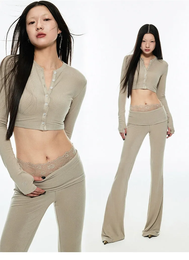 Crewneck Short Cardigan & Flared Pants Set