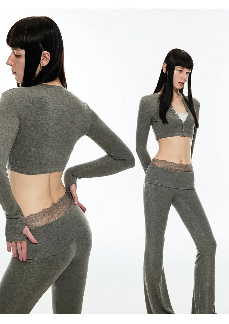 Crewneck Short Cardigan & Flared Pants Set