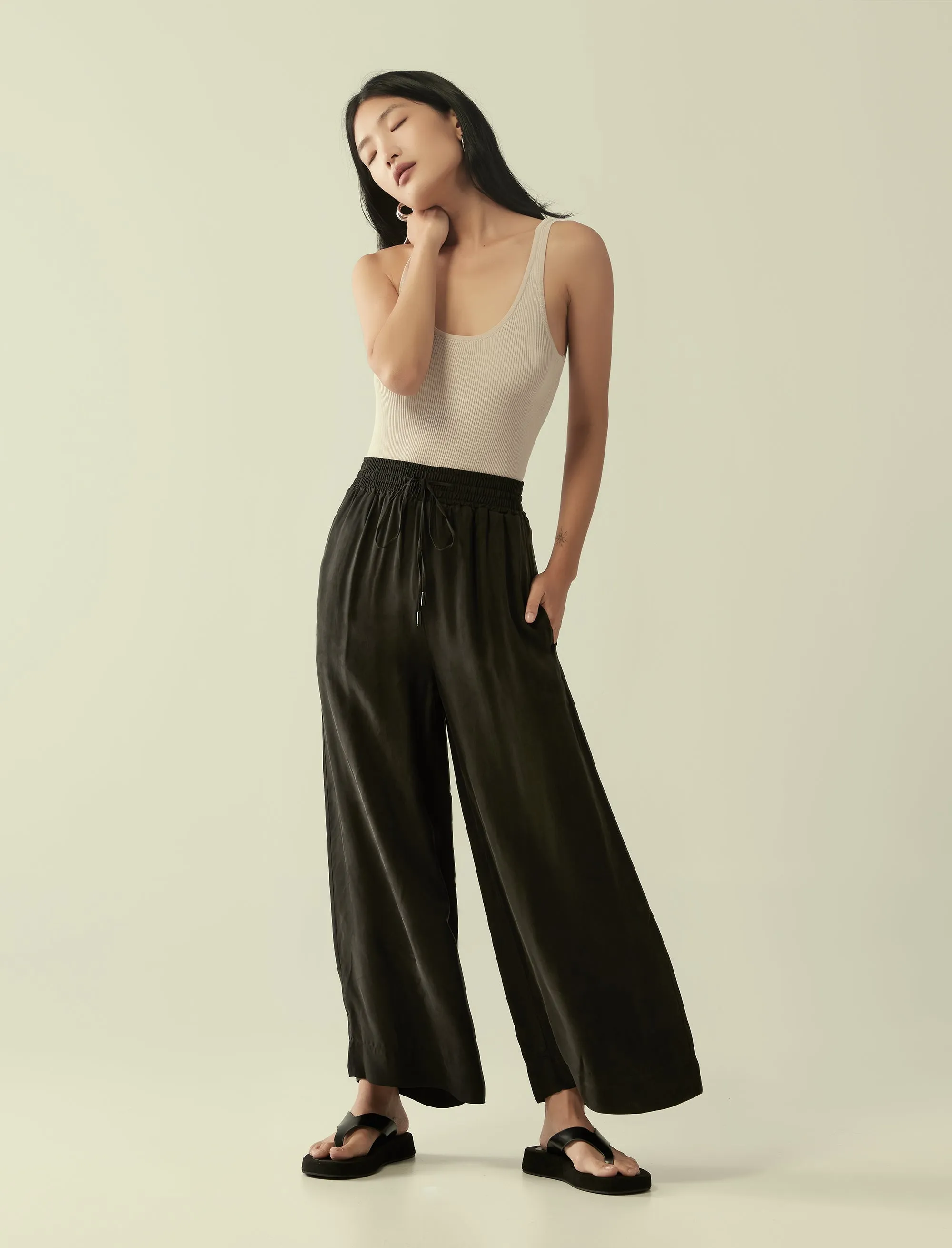 cupro drawstring flared pants