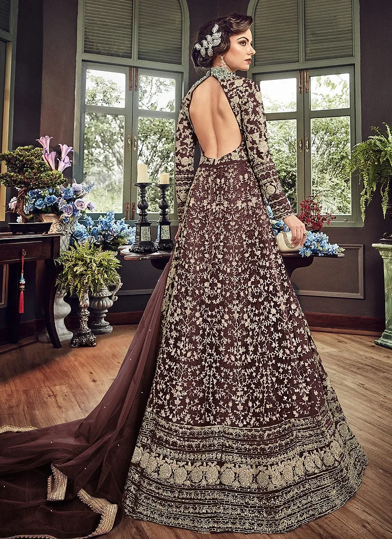 Dark Brown Royal Embroidered Backless Anarkali Suit