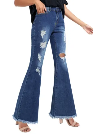 Deep Blue Ripped-Waist Rise Flared Denim Jeans