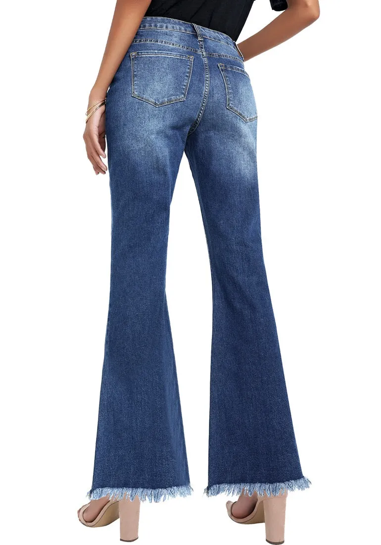 Deep Blue Ripped-Waist Rise Flared Denim Jeans