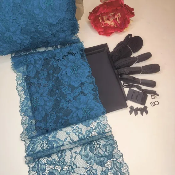 Dessous Nähpaket für BH   Höschen / Unterwäsche nähen DIY Nähset mit Spitze und Mikrofaser in petrol schwarz. Lingerie sewing kit IDnsx1